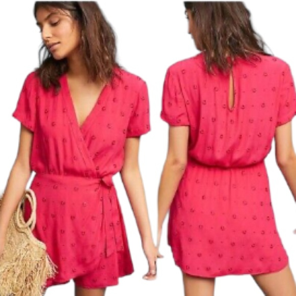 Anthropologie Pink Embroidered Greenbriar Wrap Jumpsuit